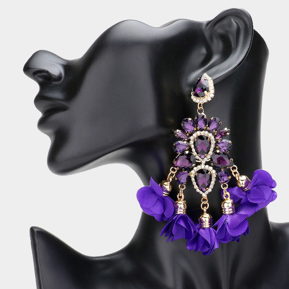 Big Purple Cluster of Purple Stones and Purple Fabric Petal Pageant Fun Fashion Earrings | Long Fun Fashion Earrings