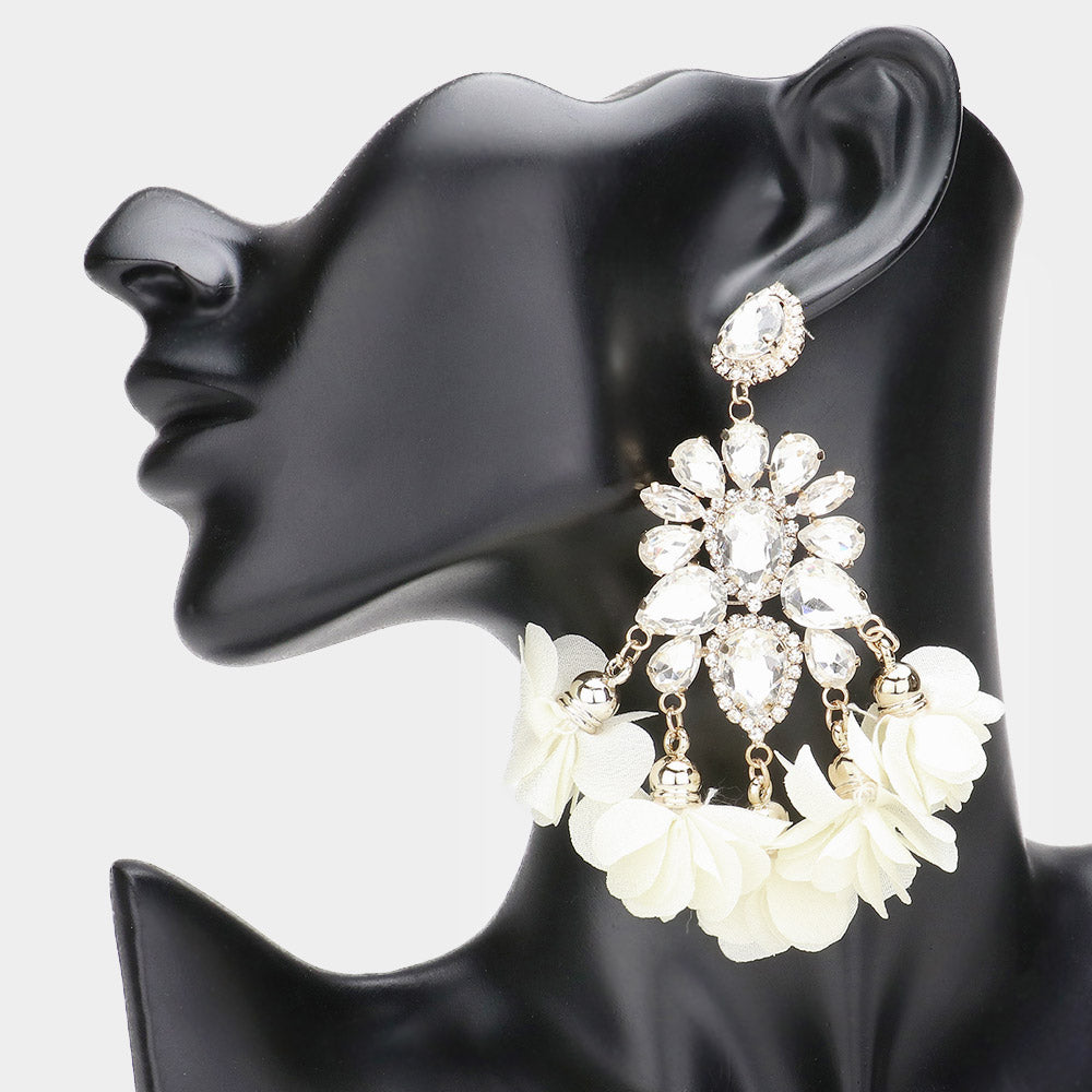 Big White Cluster of White Stones and White Fabric Petal Pageant Fun Fashion Earrings | Long Fun Fashion Earrings