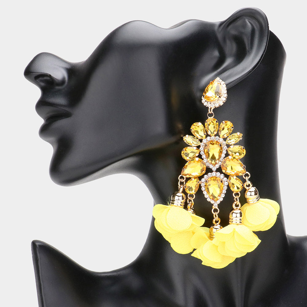 Big Yellow Cluster of Yellow Stones and Yellow Fabric Petal Pageant Fun Fashion Earrings | Long Fun Fashion Earrings