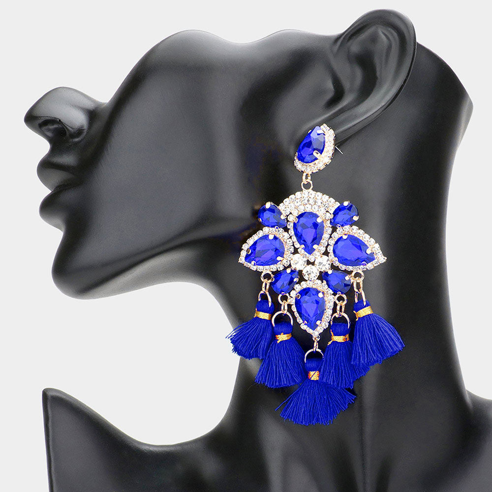 Royal Blue Crystal and Tassel Flower Fun Fashion Chandelier Earrings