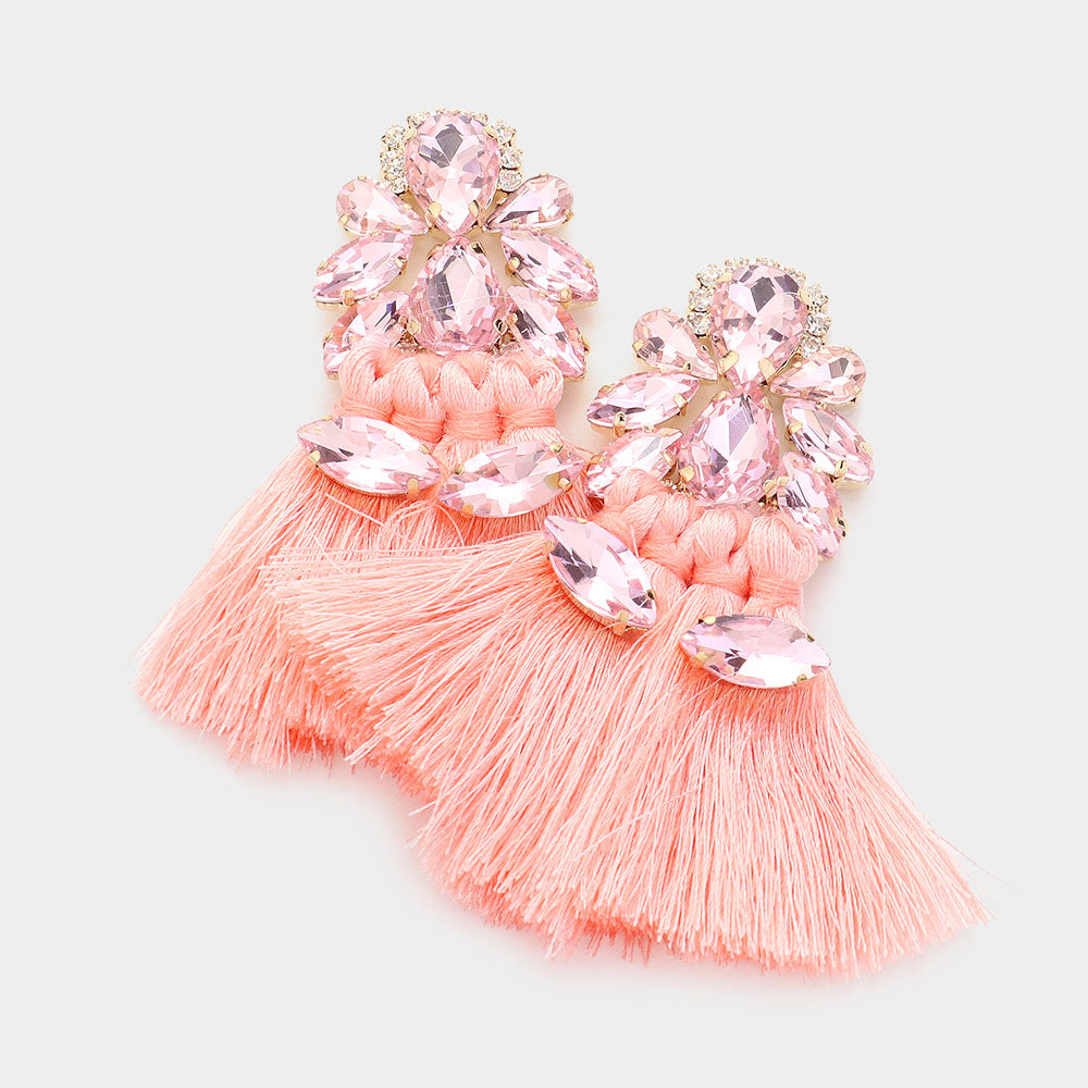 Peach Teardrop and Marquise Stone Fringe Fun Fashion Earrings | Runway Earrings