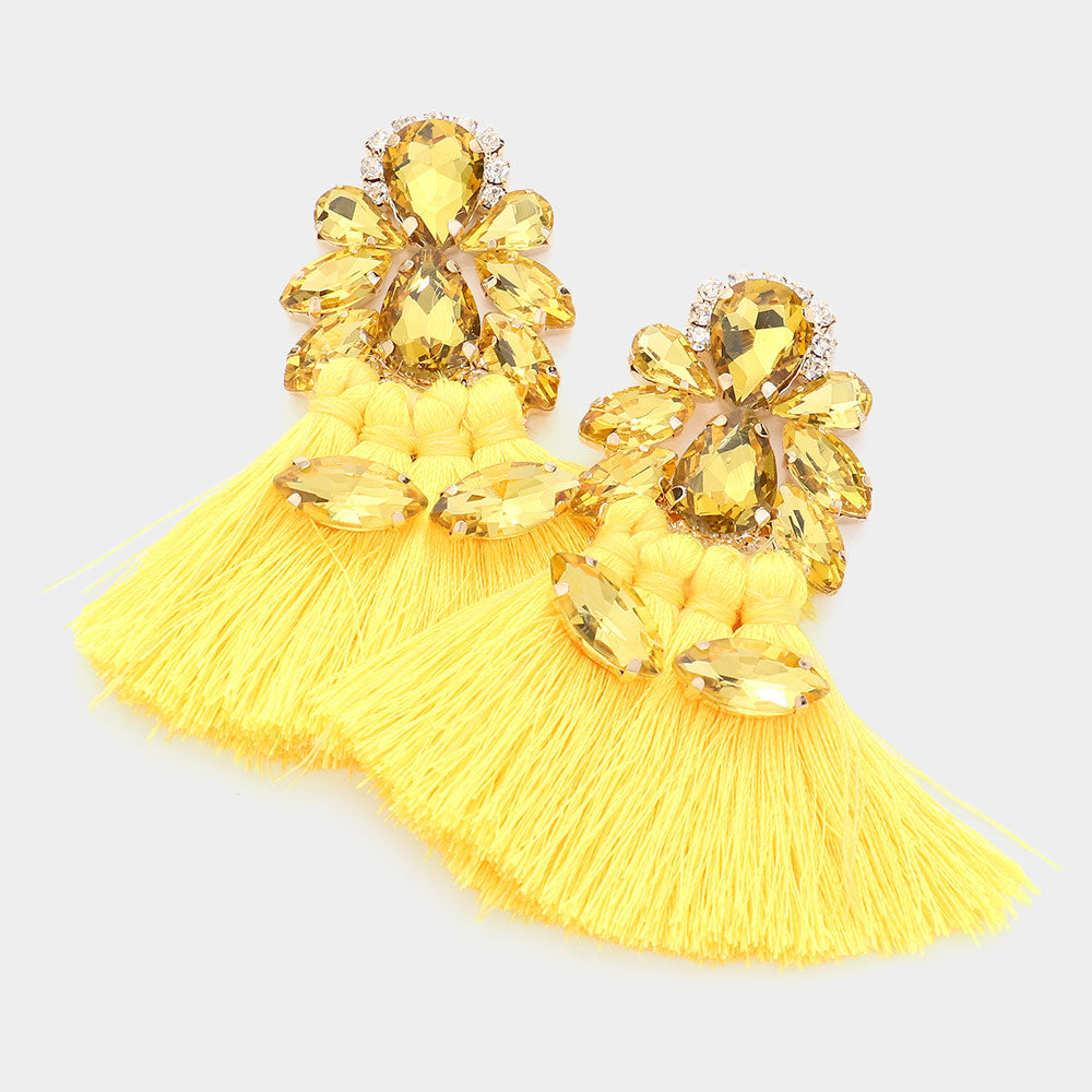 Yellow Teardrop and Marquise Stone Fringe Fun Fashion Earrings | Runway Earrings