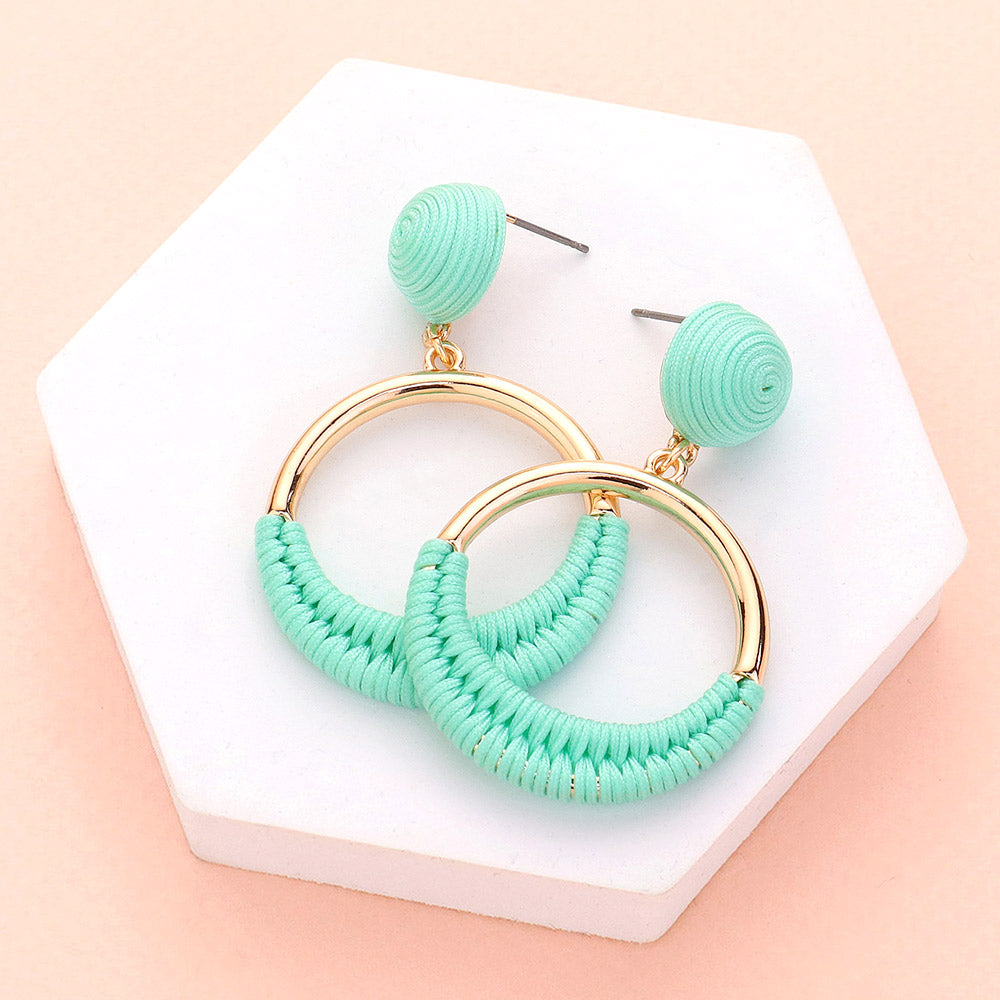 Mint Thread Wrapped Open Circle Fun Fashion Earrings | Headshot Earrings | Runway Earrings
