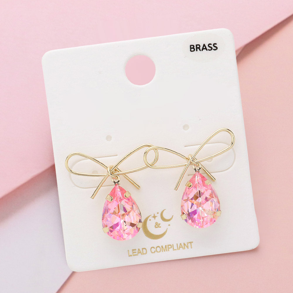 Wire Metal Bow Pink Teardrop Dangle Pageant Earrings | Interview Earrings