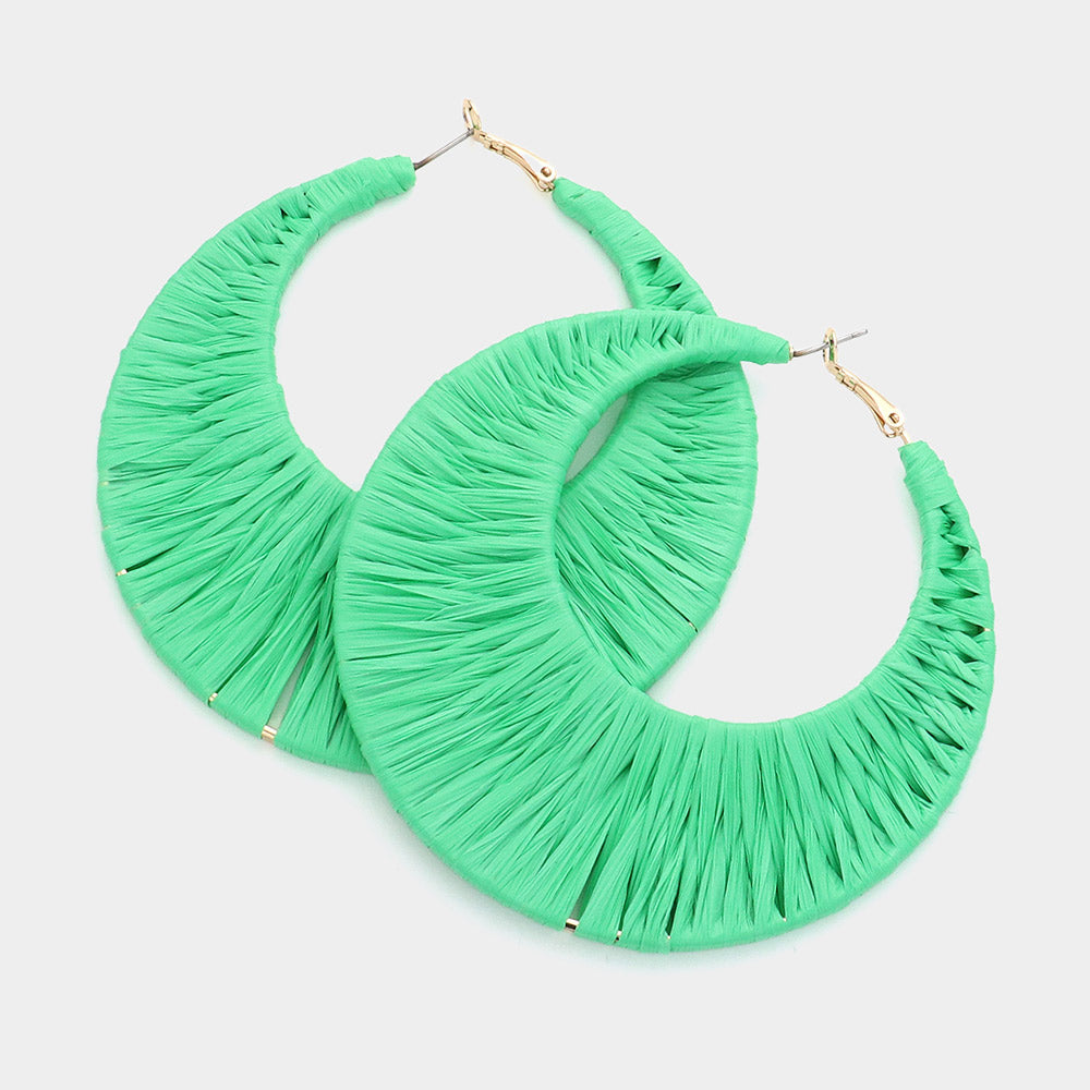 Green Raffia Wrapped Hoop Fun Fashion Earrings | Headshot Earrings