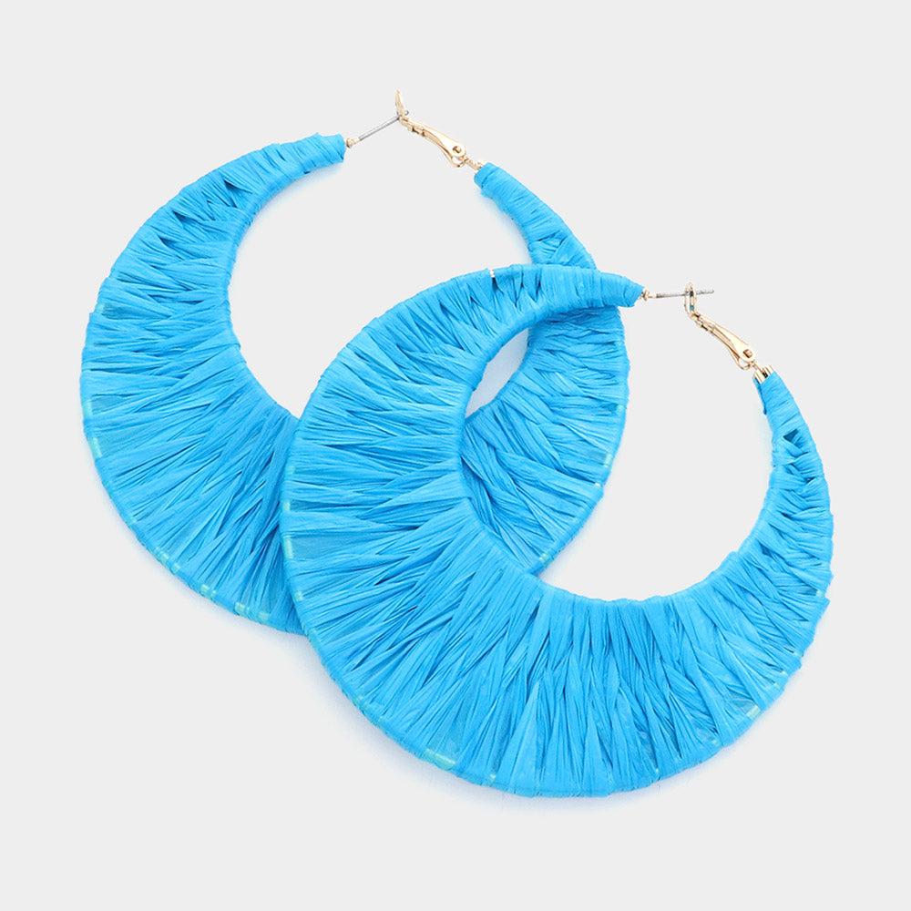 Blue Raffia Wrapped Hoop Fun Fashion Earrings | Headshot Earrings