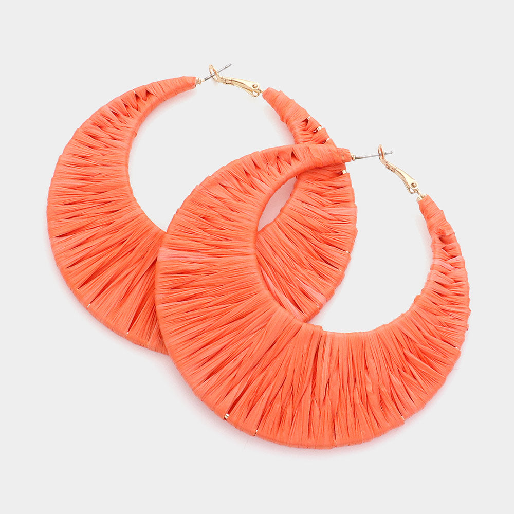 Orange Raffia Wrapped Hoop Fun Fashion Earrings | Headshot Earrings