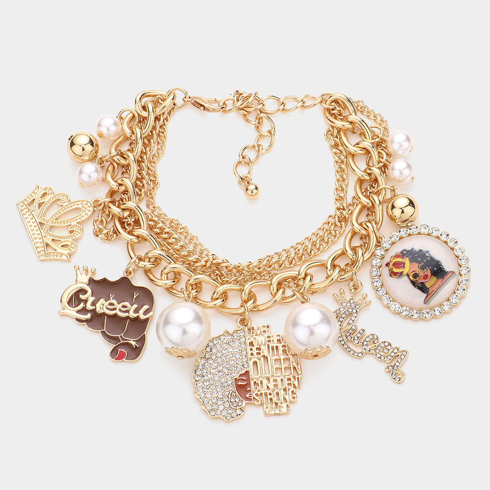 Gold Multi Layered Bracelet with Queen Charms | Crown Charms | Empowerment Charms