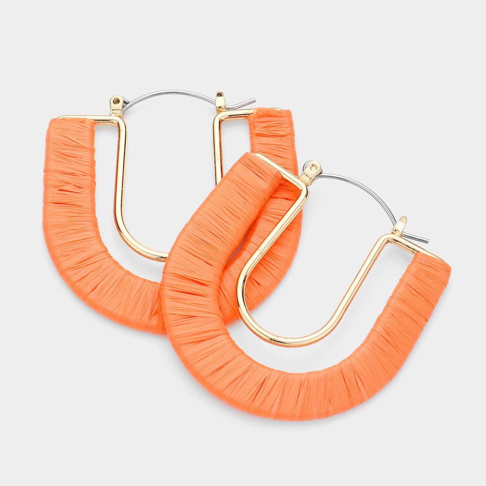 Orange Raffia Wrapped U Shape Fun Fashion Earrings | Headshot Earrings