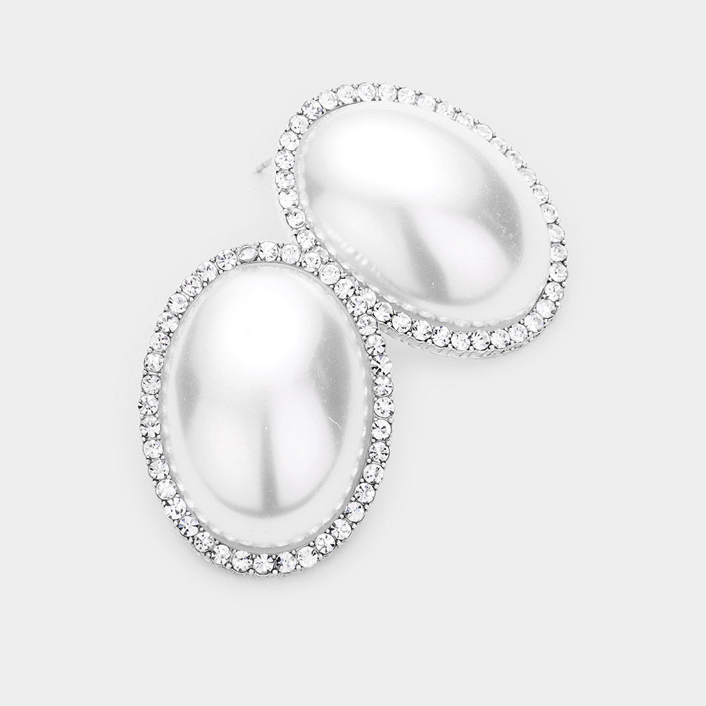 Oval White Pearl Rhinestone Accented Bridal Earrings | Wedding Jewelry