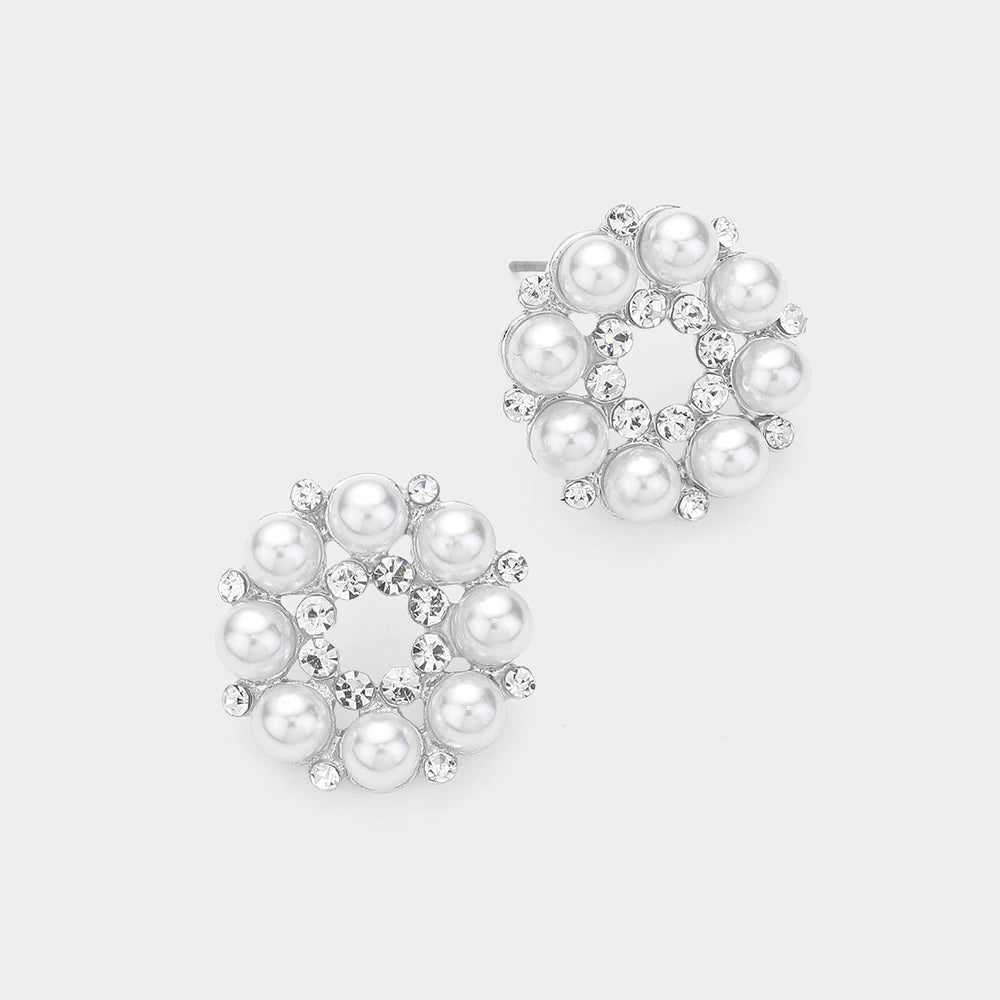 Round Stone and White Pearl Flower Stud Earrings | Wedding Jewelry