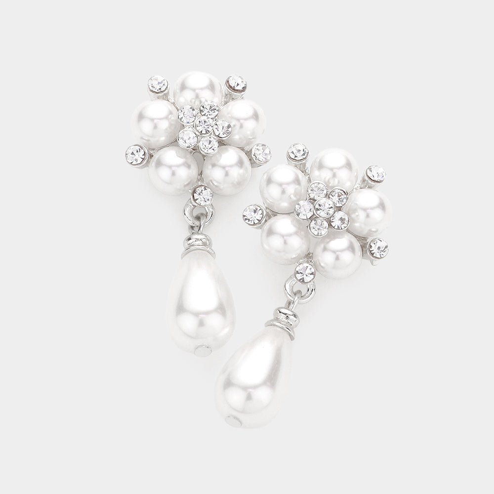 White Pearl and Rhinestone Teardrop Dangle Bridal Earrings | Wedding Earrings