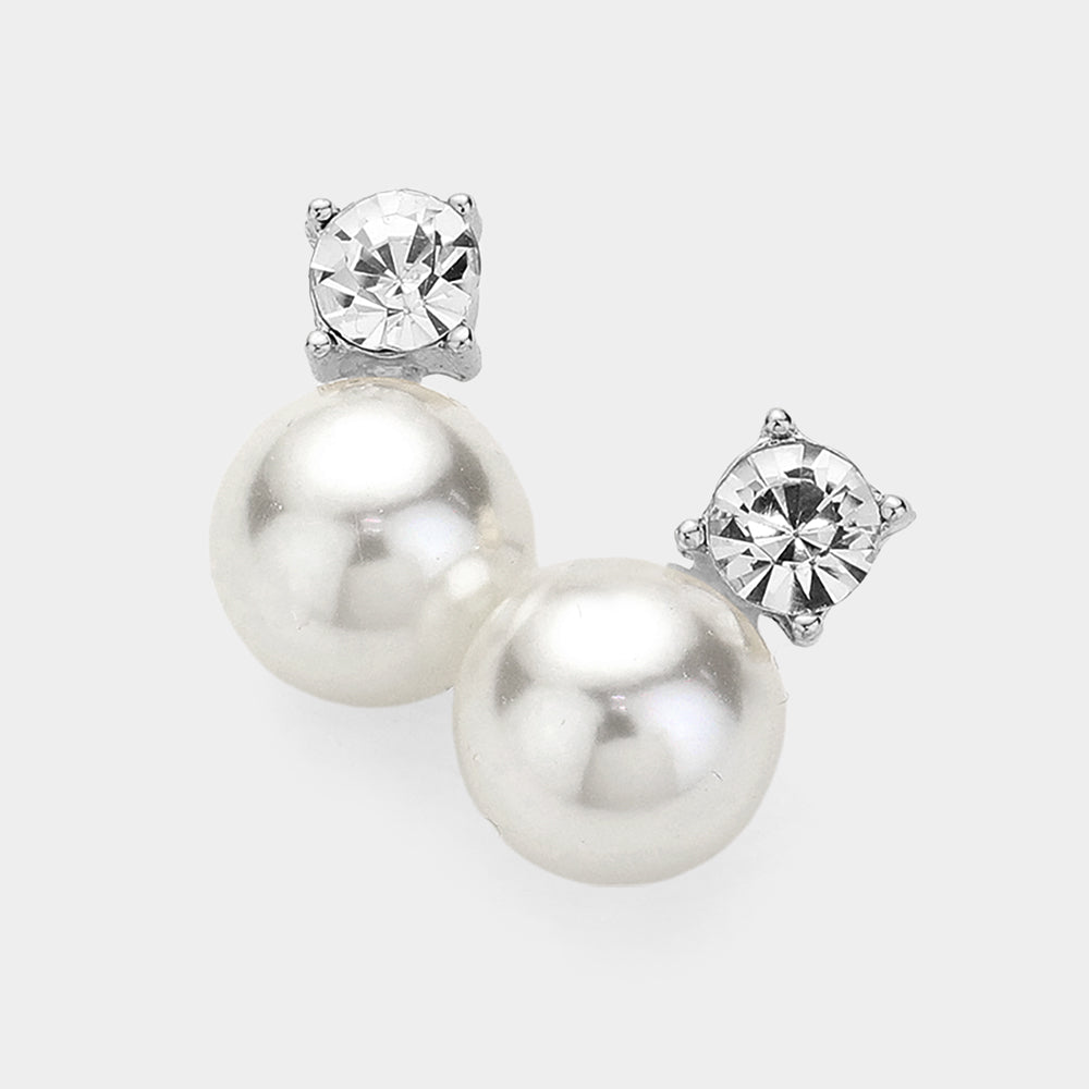 Crystal Stone and White Pearl Silver Backed Earrings | Bridal Earrings