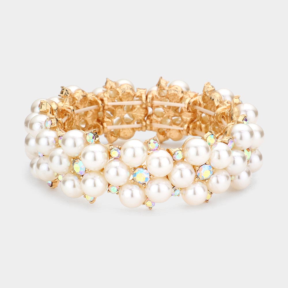 Cream Pearl and AB Rhinestone Stretch Bridal Bracelet on Gold | Wedding Bracelet