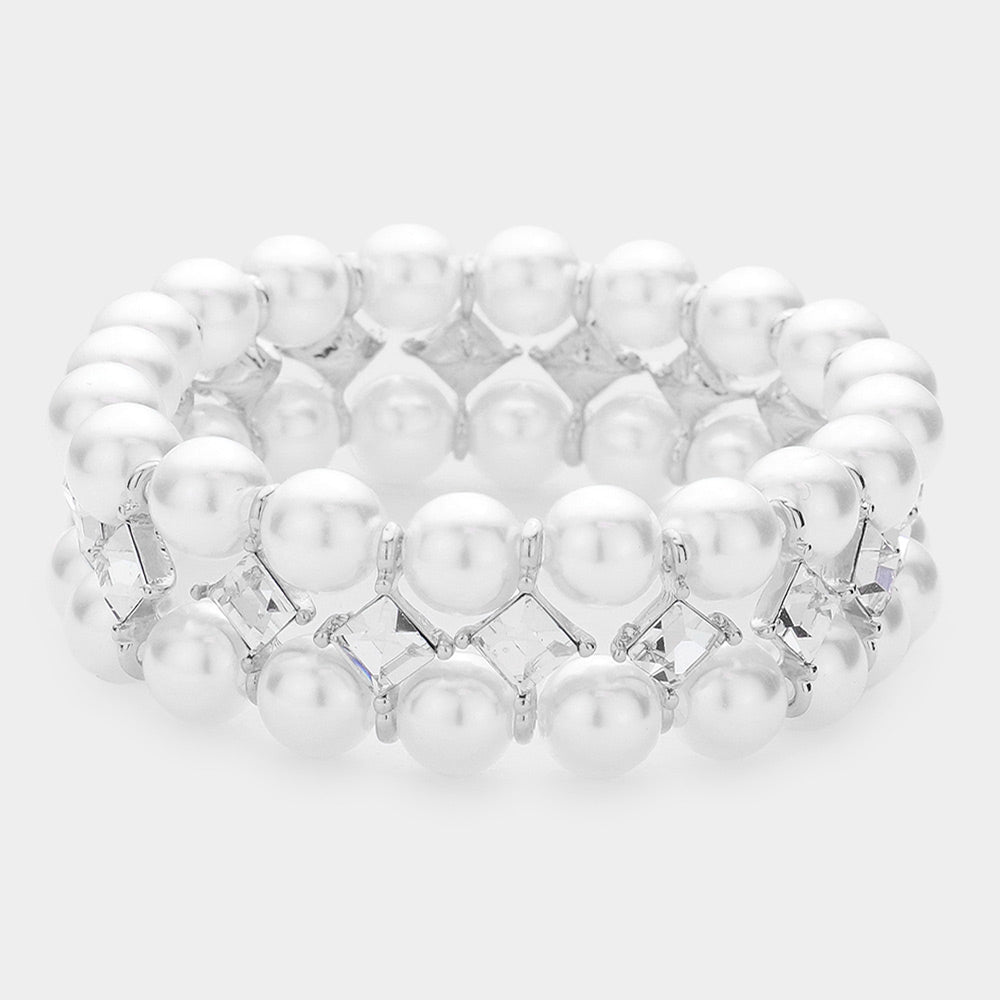 Elegant Square Stone White Pearl Accented Bridal Stretch Bracelet | Wedding Jewelry