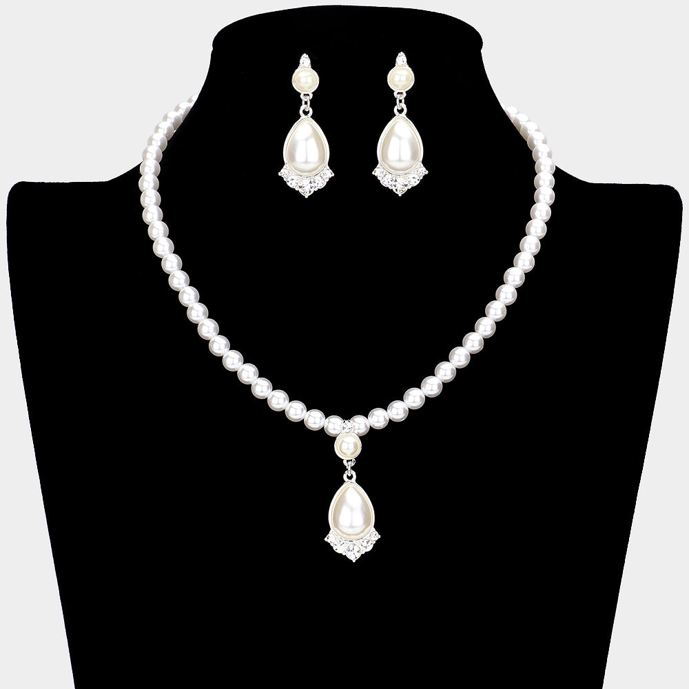 Rhinestone & White Pearl Teardrop Bridal Necklace | Wedding Jewelry