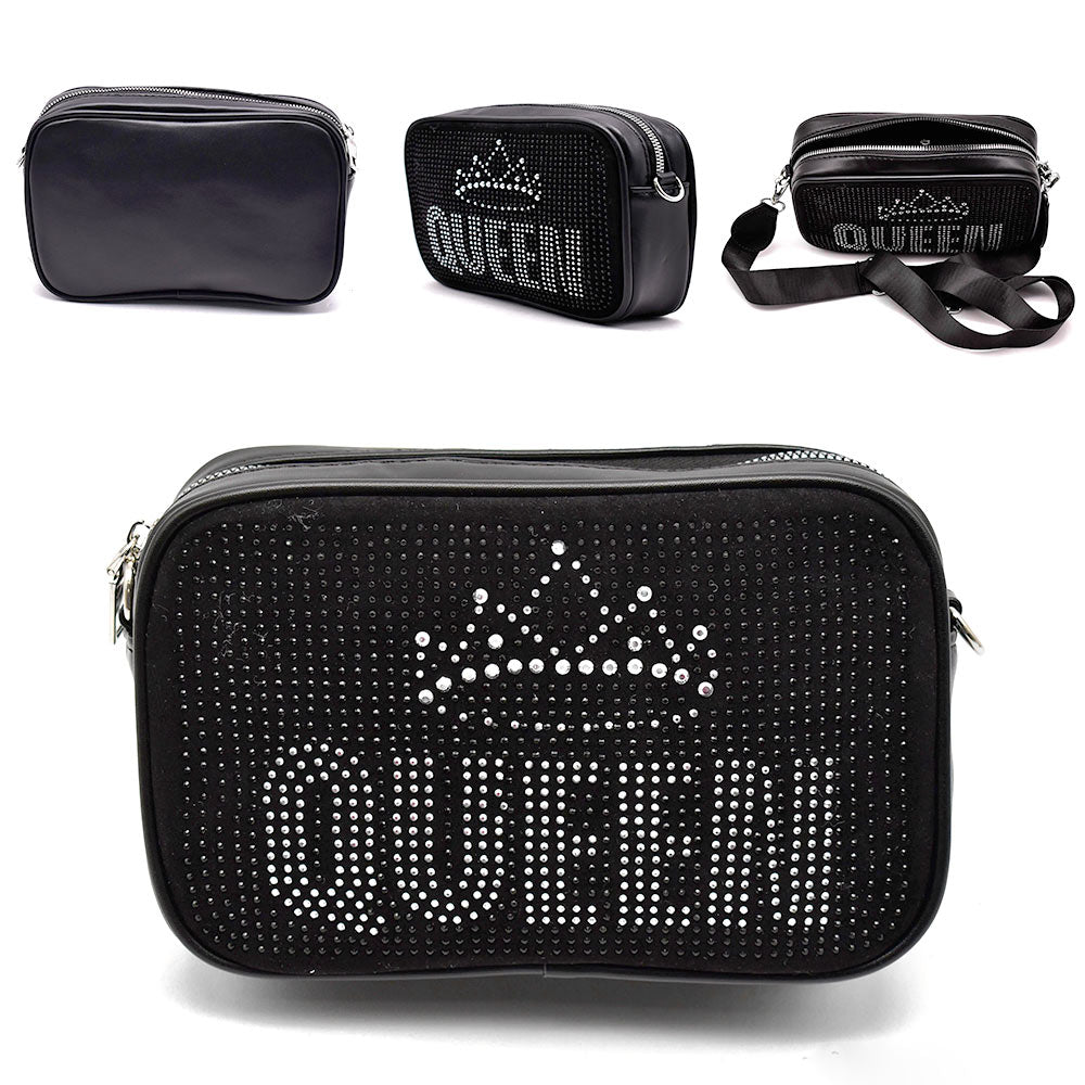 Bling Queen Message with Crown Crossbody Bag Black Studs Several Views