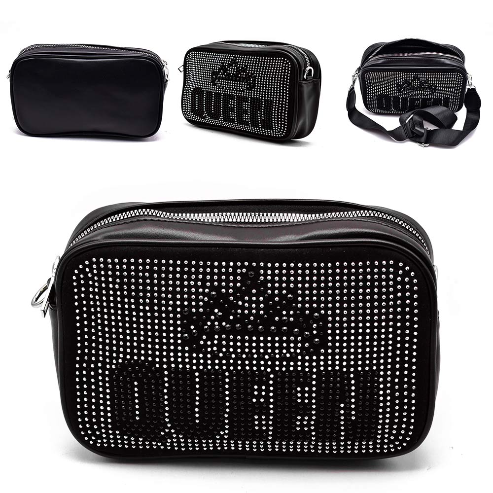 Bling Queen Message with Crown Crossbody Bag Silver Studs Several Views
