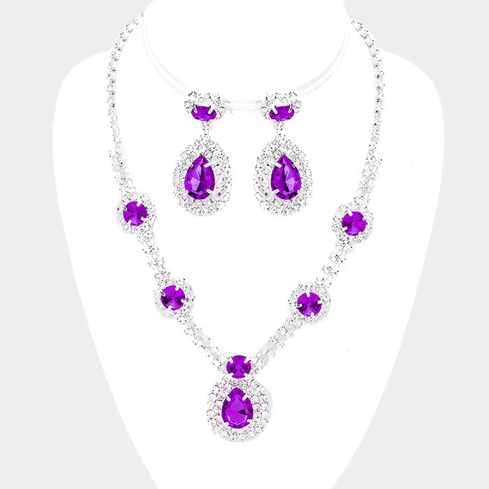 Purple Crystal Fashion Necklace and Earring Set 
