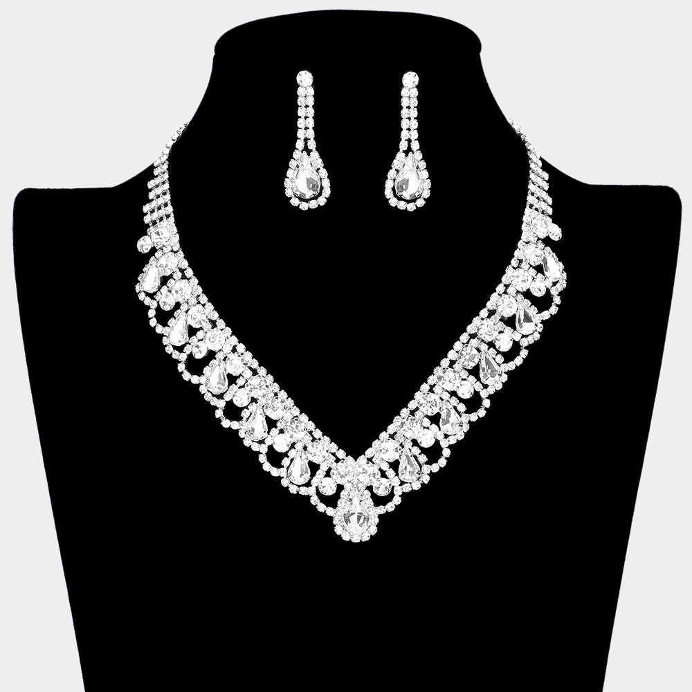 Clear Teardrop and Round Stone V Shaped Prom Necklace Set | Prom Jewelry