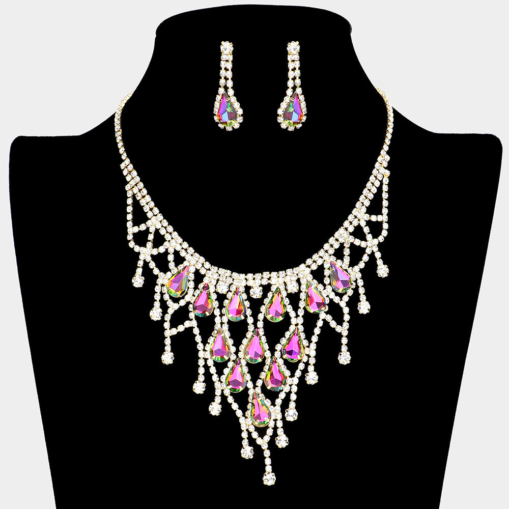  Multi Color Crystal Rhinestone Teardrop Bib Necklace on Gold&nbsp;