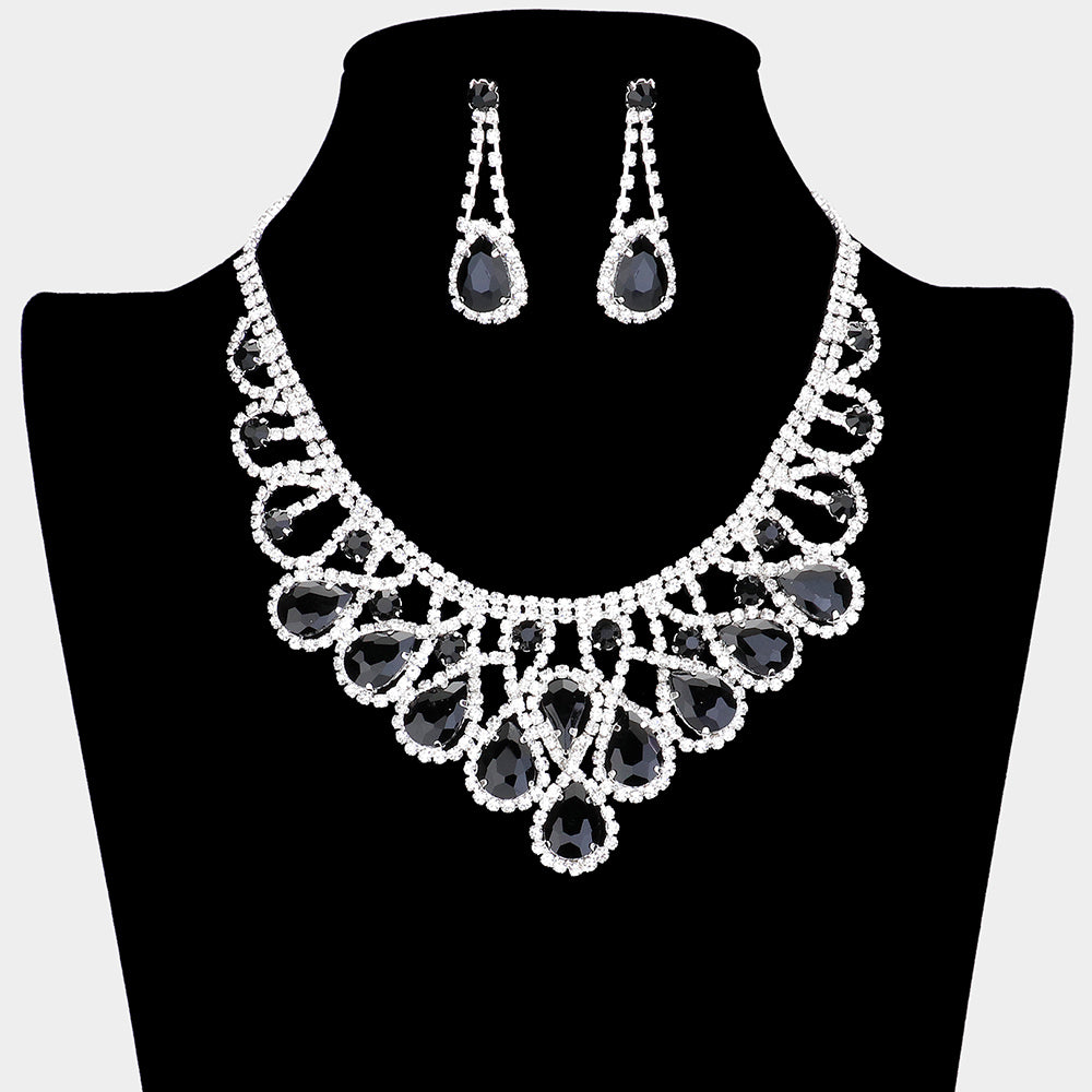 Black Crystal Teardrop Rhinestone Pageant Prom Necklace Set on Silver