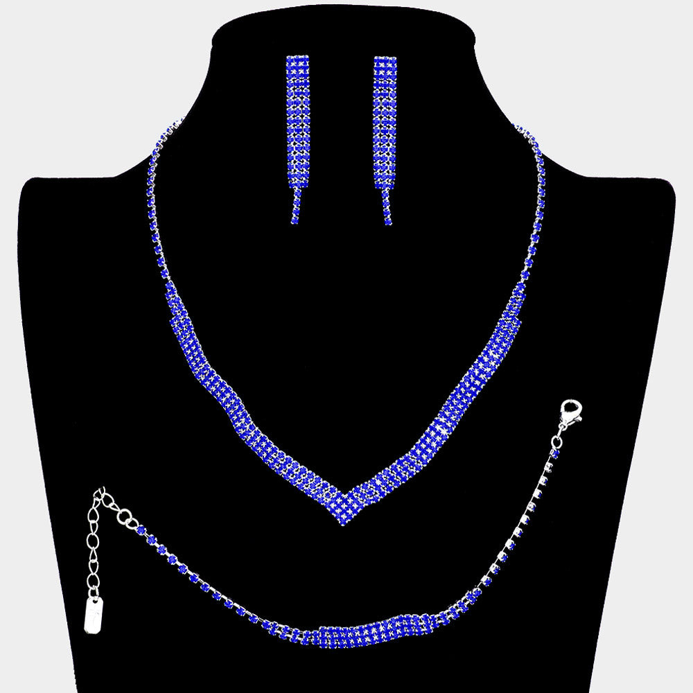 3 Piece Sapphire Crystal Rhinestone Fringe Necklace Set  | Homecoming Jewelry