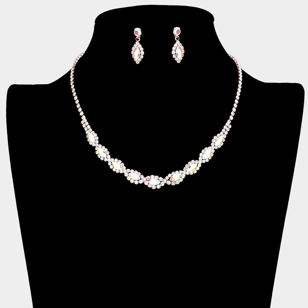 AB Stone and Rhinestone Accented Small Necklace Set on Rose Gold  | Necklace Sets for Little Girls | 589756
