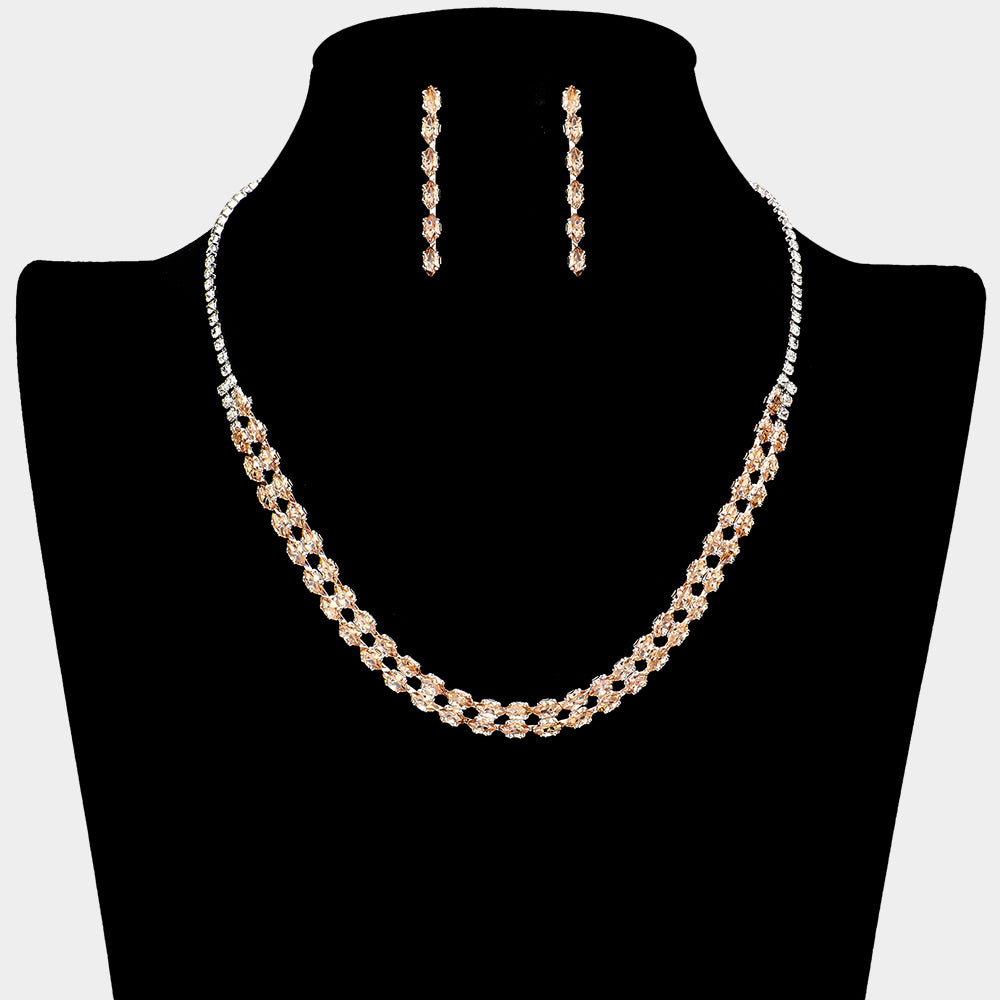 Gold CZ Marquise and Rhinestone Necklace Set | Prom Jewelry