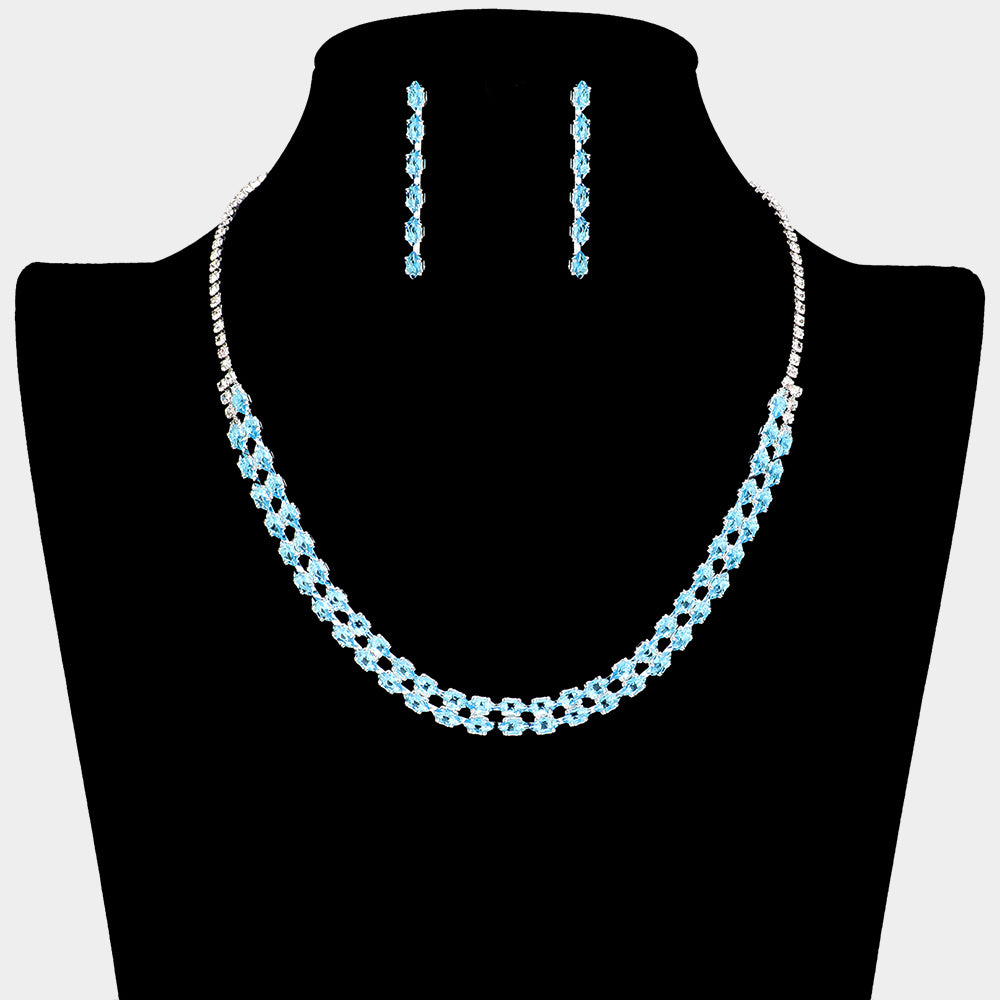 Turquoise CZ Marquise and Rhinestone Necklace Set | Prom Jewelry