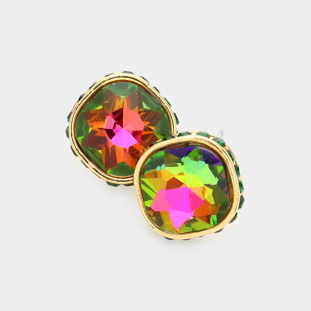 Rhinestone Trimmed Multi-Color Square Stone Stud Earrings   | Interview Earrings