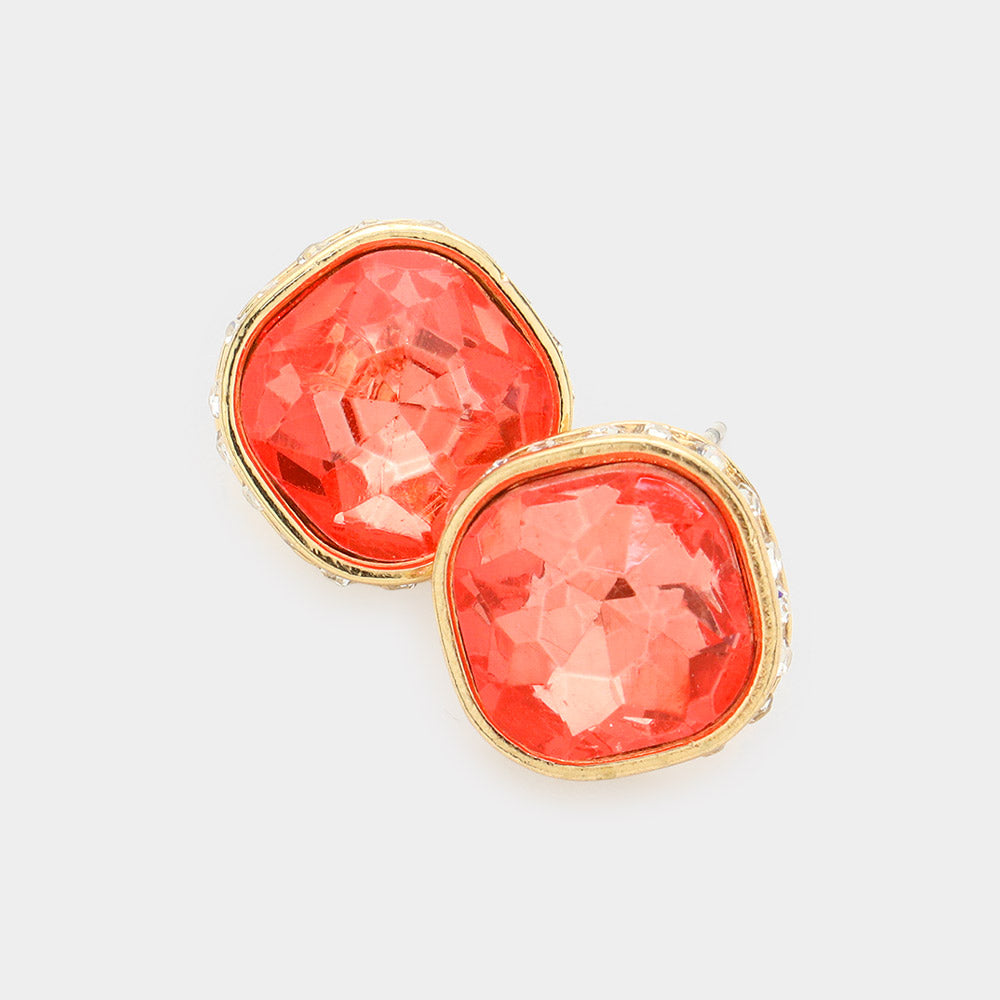 Rhinestone Trimmed Coral Square Stone Stud Earrings   | Interview Earrings