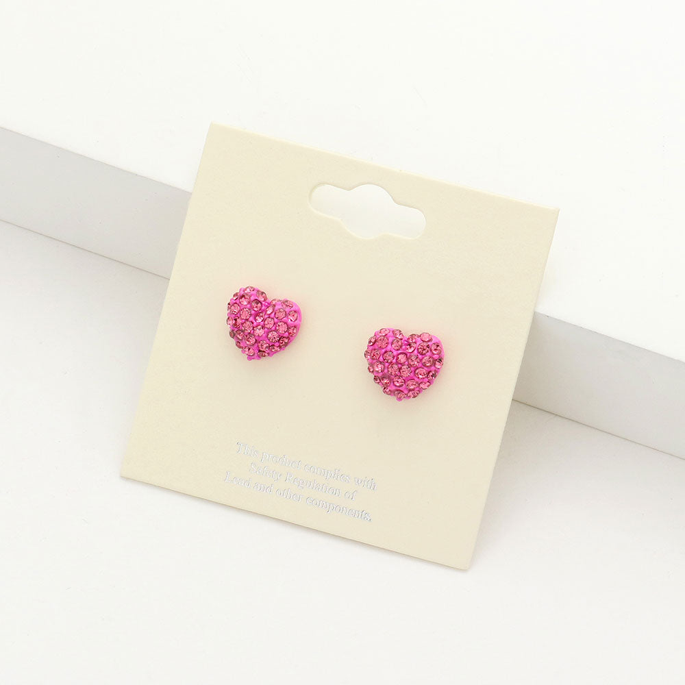 Little Girls Pink Crystal Heart Stud Earrings | Small Pageant Earrings | 152202