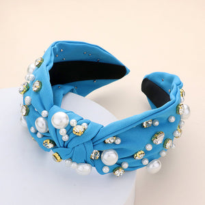 Top Knot Pearl and Round Stone Blue Handband