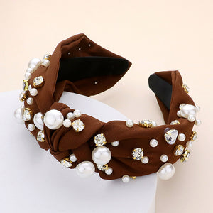 Top Knot Pearl and Round Stone Brown Handband