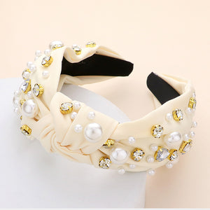 Top Knot Pearl and Round Stone Ivory Handband