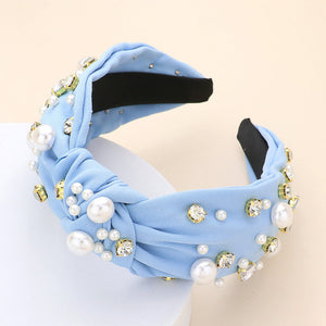 Top Knot Pearl and Round Stone Light Blue Handband