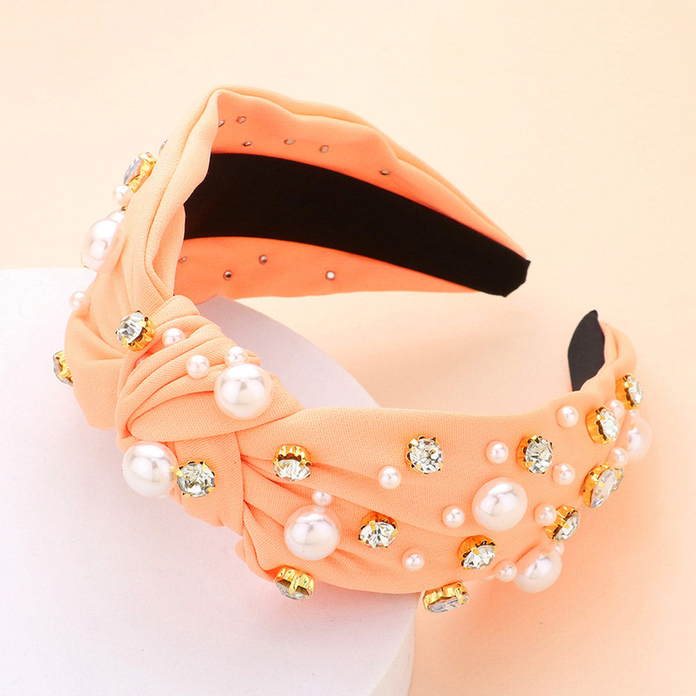 Top Knot Pearl and Round Stone Orange Handband