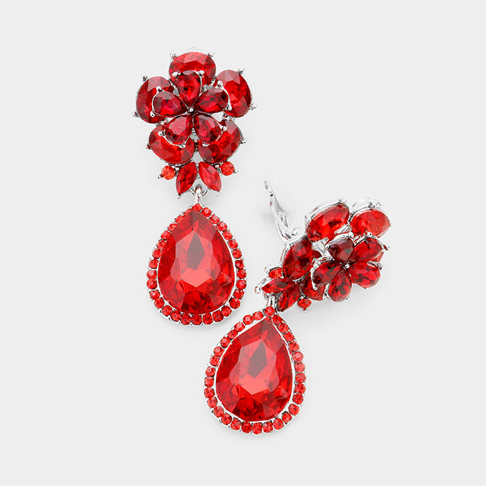 Small Red Crystal Clip On Dangle Earrings | 398737