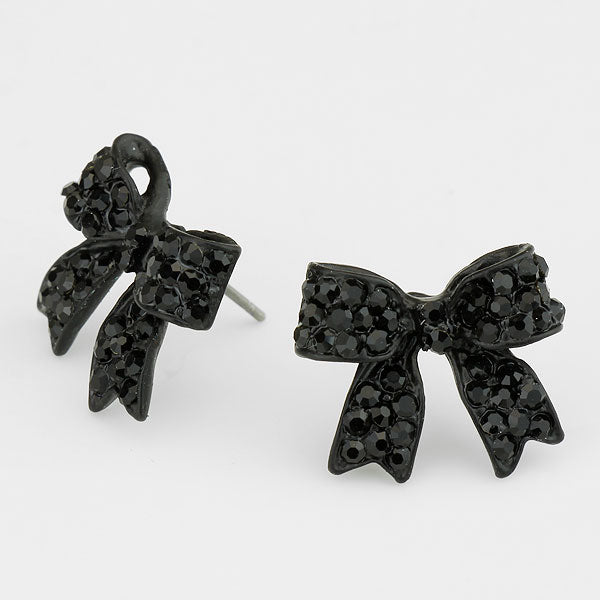 Black Crystal Rhinestone Bow Stud Earrings | 153393