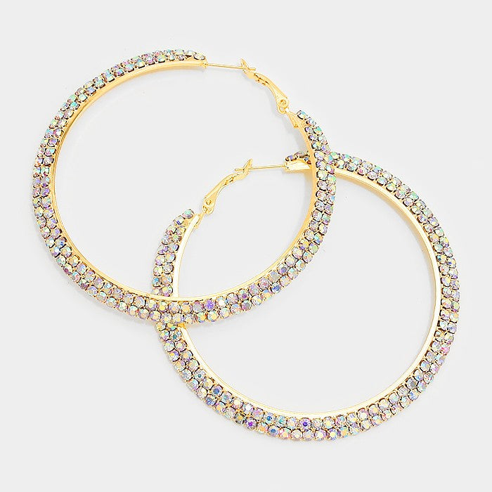 Two Row AB Crystal Hoop Earrings on Gold | 2.75" | 210548