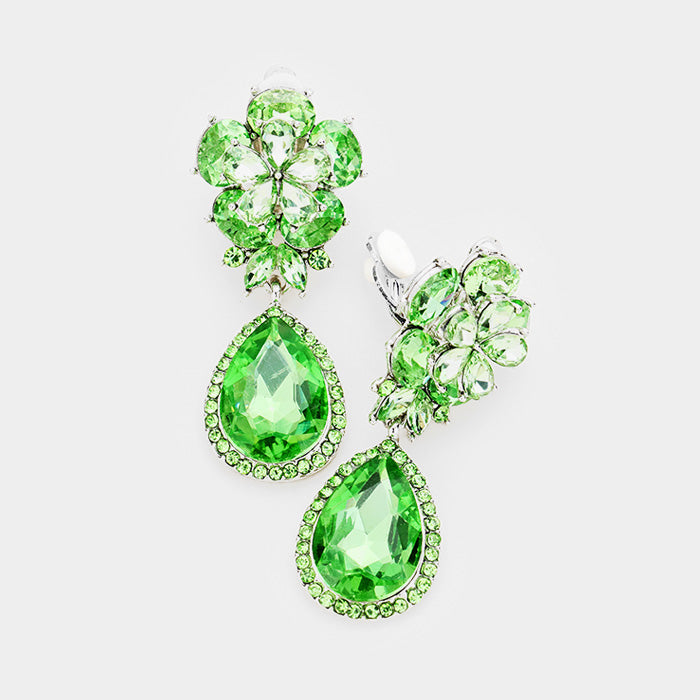 Small Green Crystal Clip On Dangle Earrings | 412379