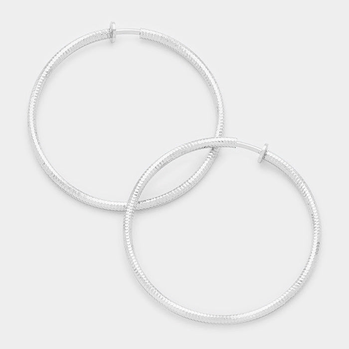 Silver Textured Metal Clip On Hoop Earrings | 3" | 340796