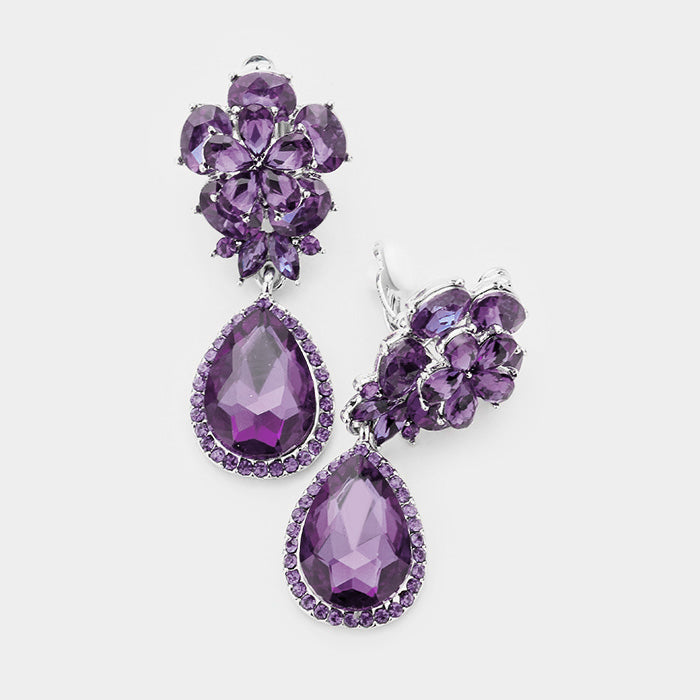 Small Purple Crystal Clip On Dangle Earrings | 415434