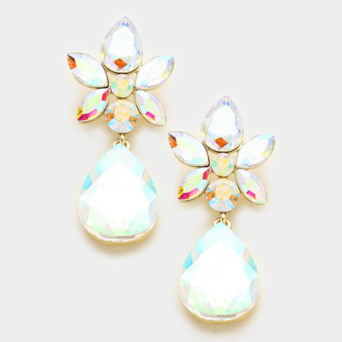AB Crystal Floral and Teardrop Pageant Earrings on Gold | 330873