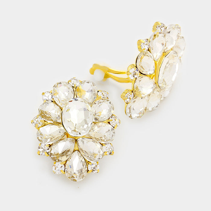 Crystal Flower Clip On Earrings Gold | 347072