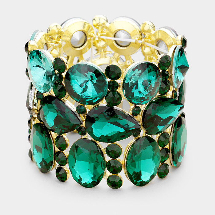 Wide Multi Shape Emerald Crystal Stone Stretch Pageant Bracelet | 398320