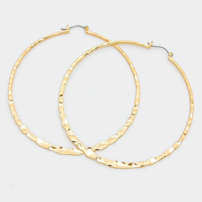 Gold Metal Hoop Pin Catch Textured Earrings | 3.25" | 312014