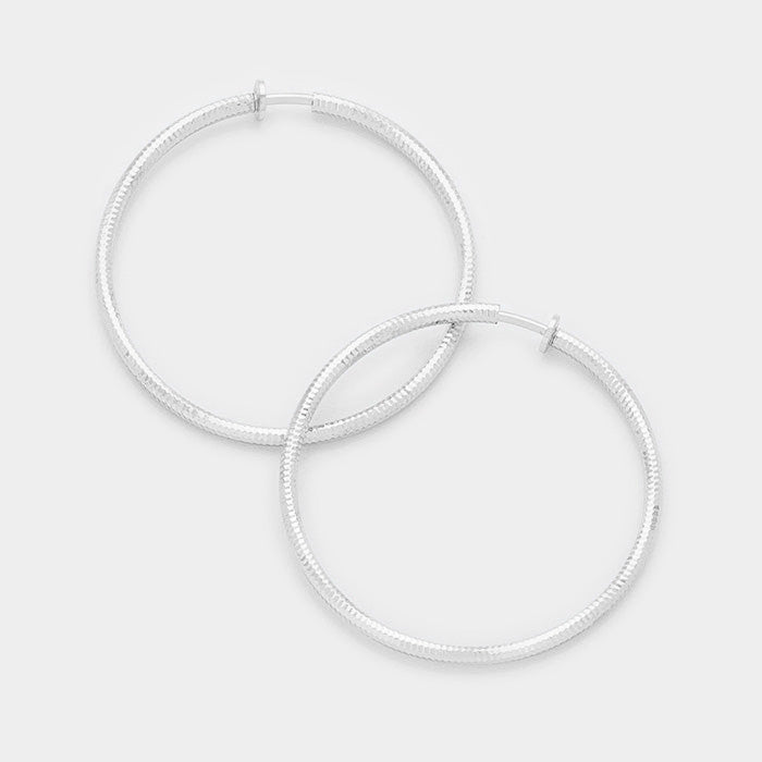 Large Clip On Silver Textured Hoop Earrings | 2.25" | 340793