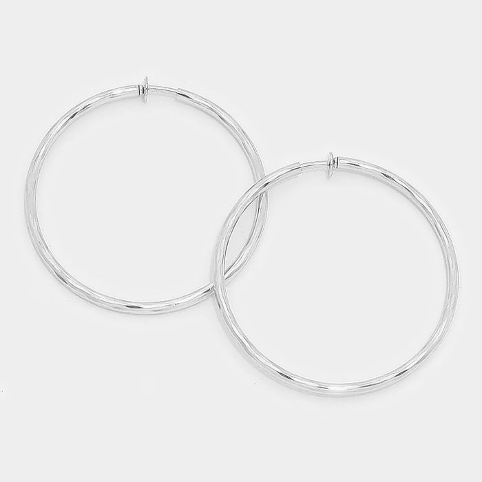 Clip On Silver Hoop Earrings | 2.3" | 142685